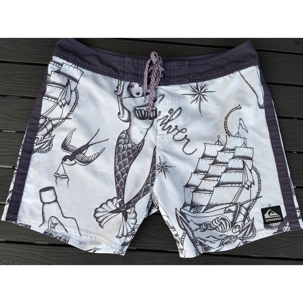 Vtg Rare Quicksilver Flash Tattoo Sailor Mermaid Design Boardshorts Size 32